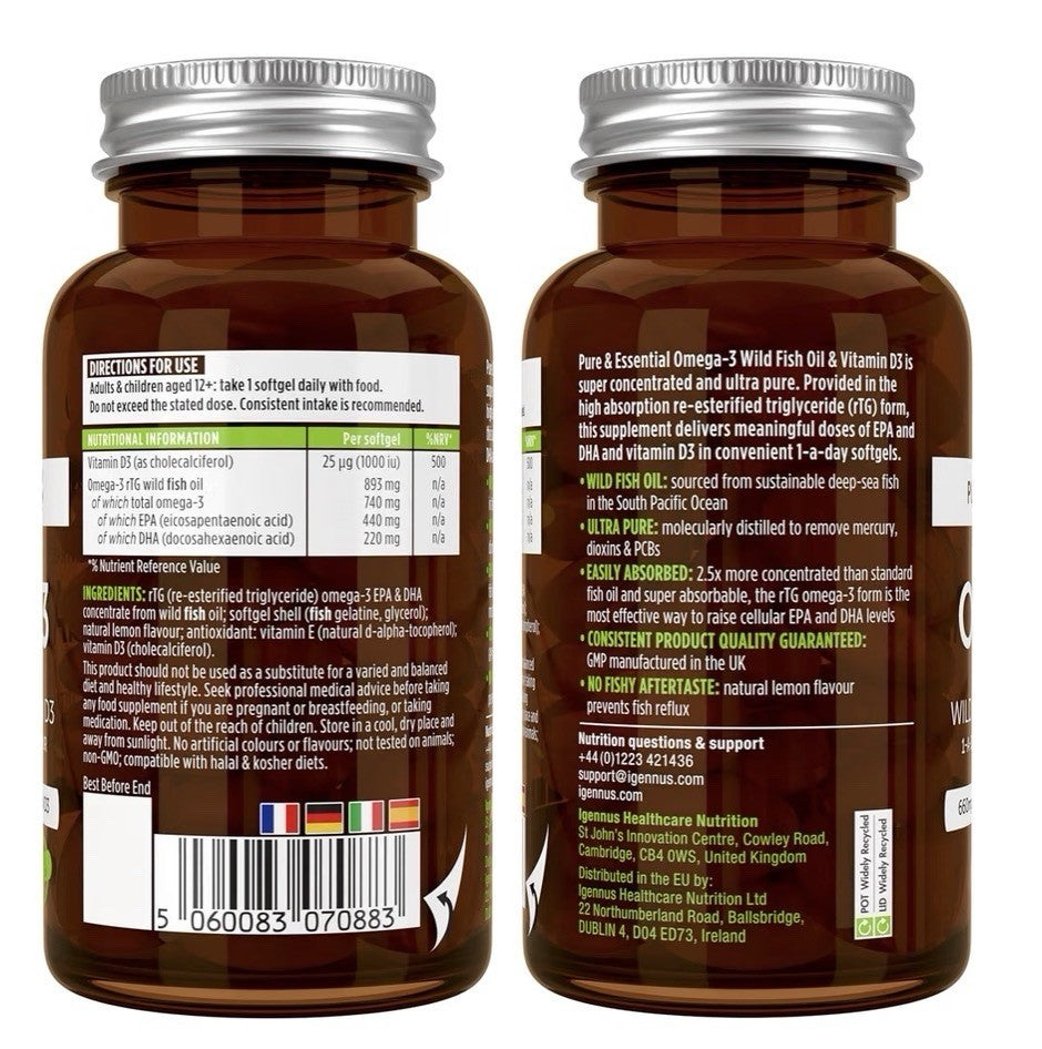 Igennus Healthcare Nutrition rTG Omega-3 Wild Fish Oil Vitamin D3 EPA DHA 60sgel