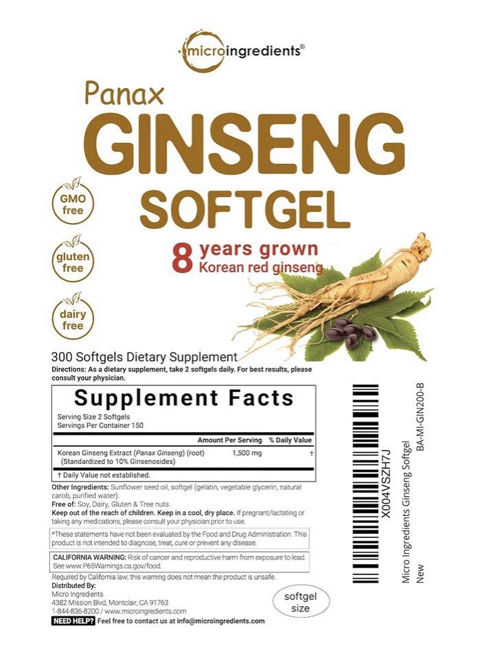 Micro Ingredients Red Panax Ginseng Softgels 8 Years Grown Korean 300 Softgels
