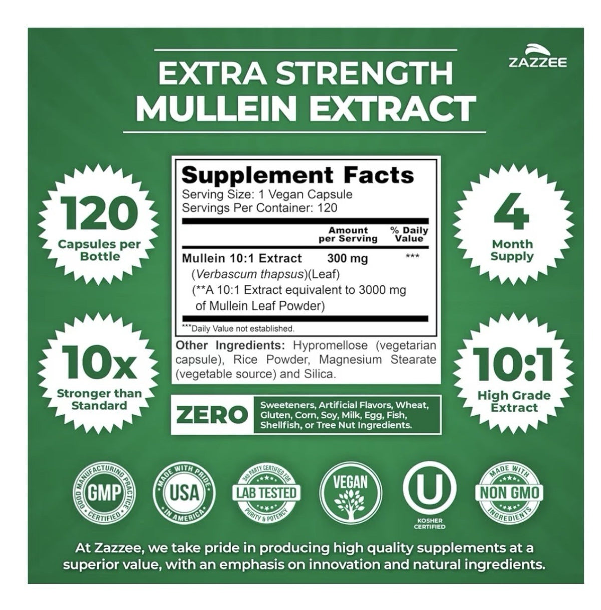 Zazzee Mullein Leaf Support Healthy Respiratory Lung Immune 4Month Supply 120cap