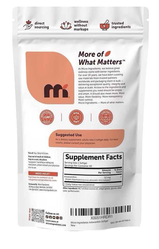 Micro Ingredients Astaxanthin 12mg From Microalgae Triple Strength 60 Softgels
