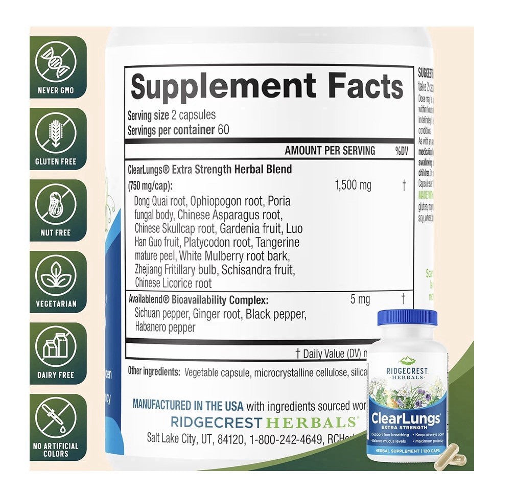 RidgeCrest Herbals ClearLungs Extra Strength Respiratory Keep Airways Open 120ca
