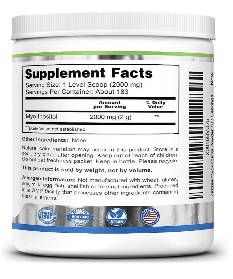 Zazzee Myo-Inositol Powder Ovarian Function Overall Reproductive Health 12.91 oz