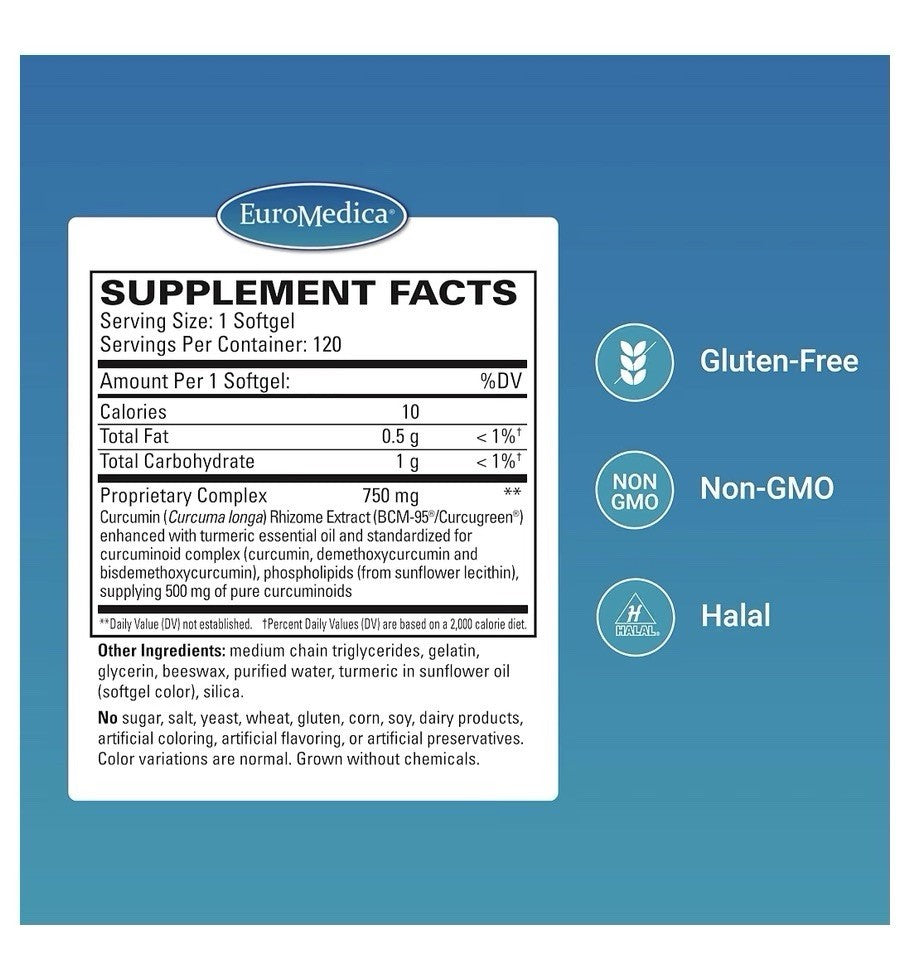 EuroMedica CuraPro 750mg Curcumin Complex Antioxidant Supplement 120 Softgels
