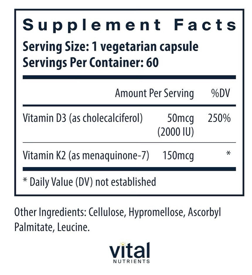 Vital Nutrients Vitamin K2-7 + D3 Vitamin D3 K2 K7 Bone Artery Health 60capsules