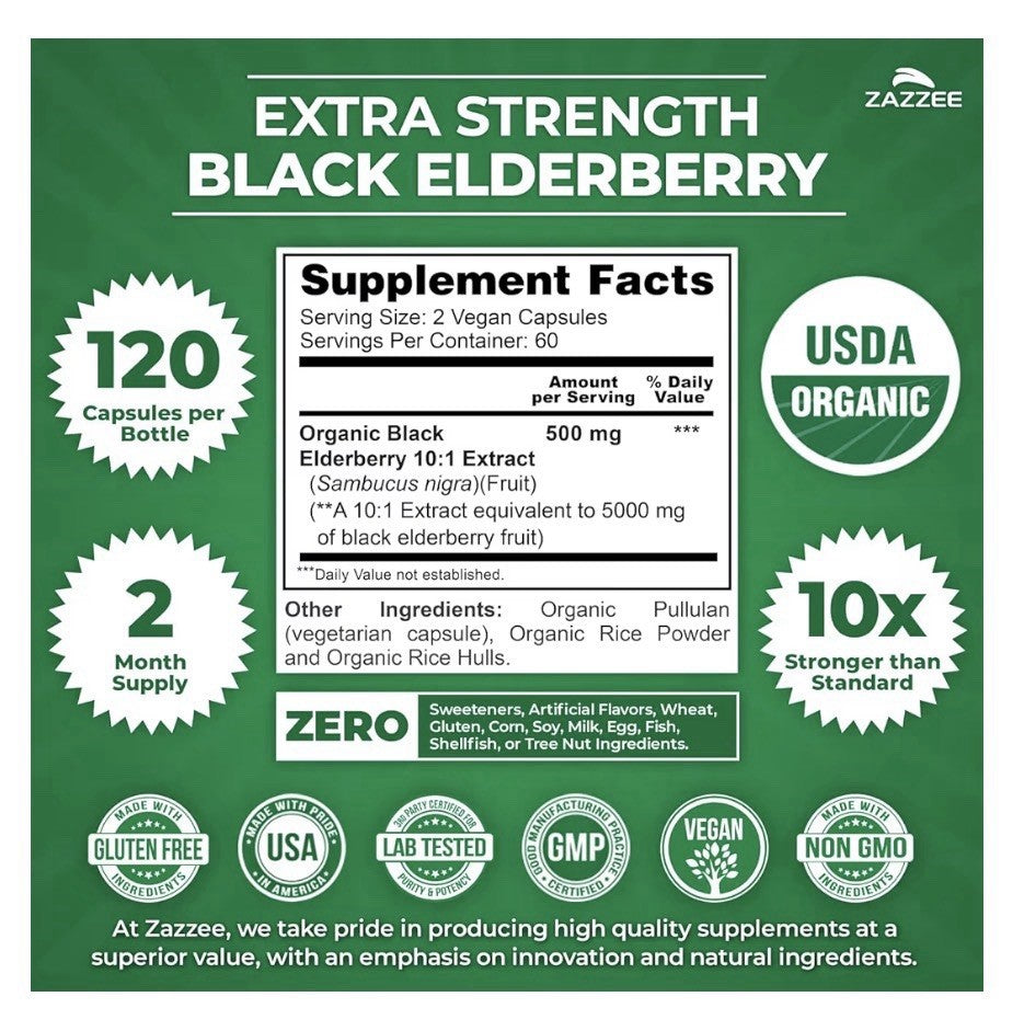 Zazzee Black Elderberry Supports Immune Antioxidant Activity 2Month Supply 120ca