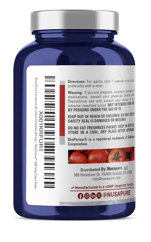 NusaPure Lycopene & Lutein Complex 60mg Per Capsule 200 Veg Capsules 200 Serving