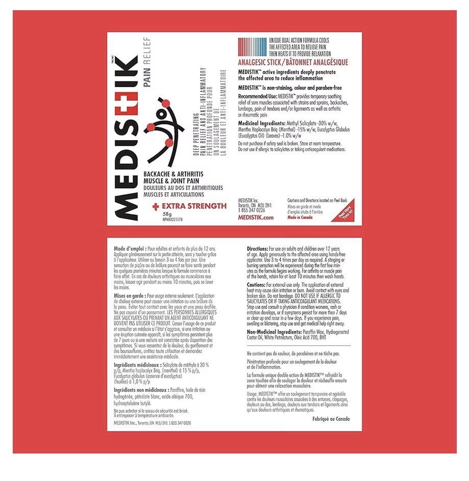 MEDISTIK Pain Relief Stick Extra Strength Backache Arthritis Joint Muscle Pain
