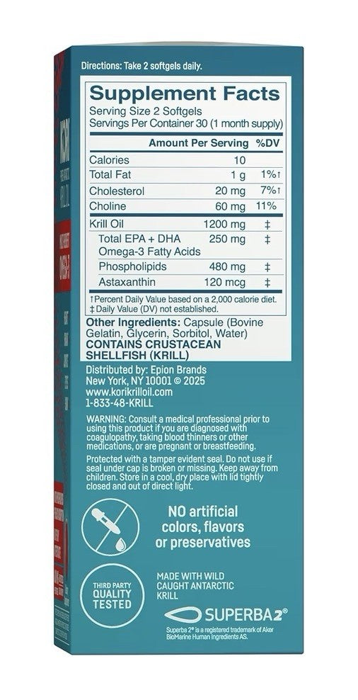 Kori Krill Oil Omega 3 EPA DHA Heart Brain Joints Eyes Skin Health 60 Softgels