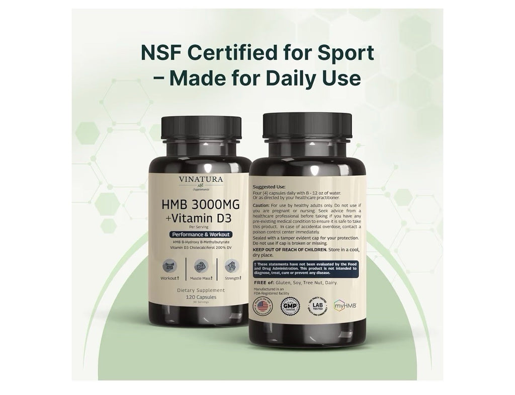 VINATURA HMB 3000mg and Vitamin D3 Supplement Performance Workout 120 Capsules