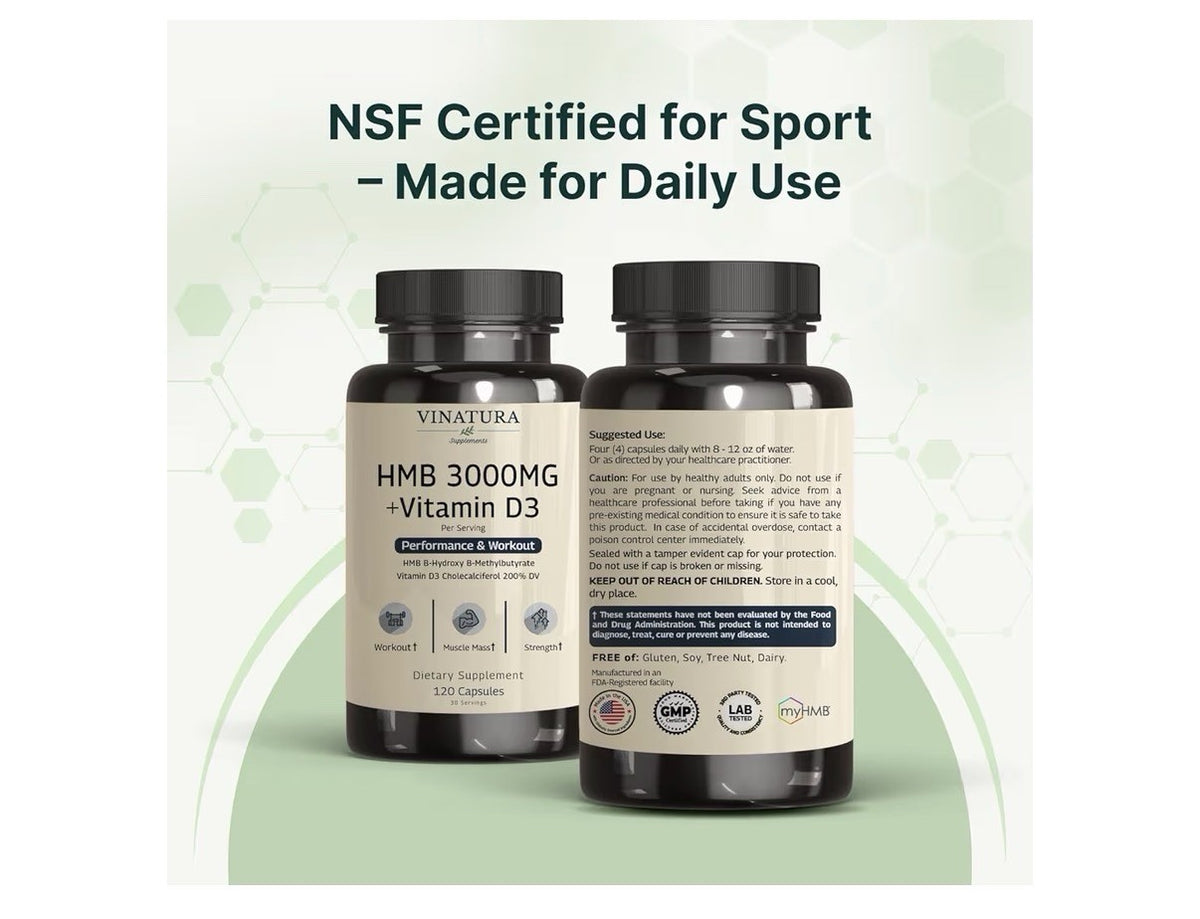 VINATURA HMB 3000mg and Vitamin D3 Supplement Performance Workout 120 Capsules