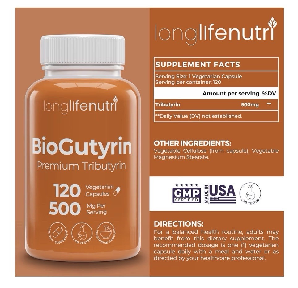 LongLifeNutri BioGutyrin Tributyrin 500mg Postbiotic Supplement 120 Capsules