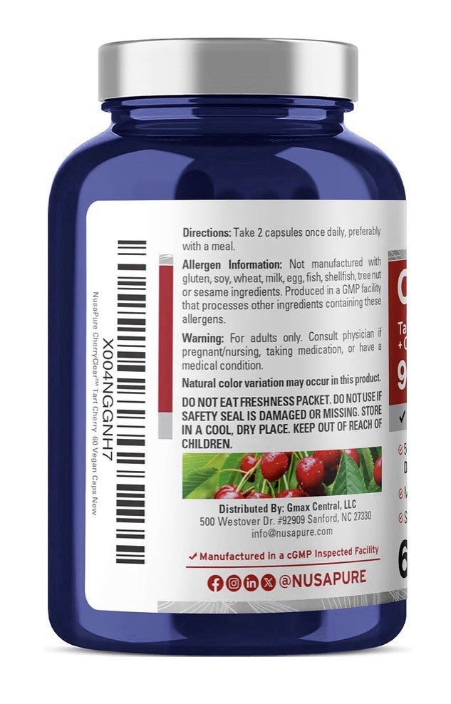 NusaPure CherryClear Tart Cherry 900mg Per Serving 60 Capsules 30 Servings