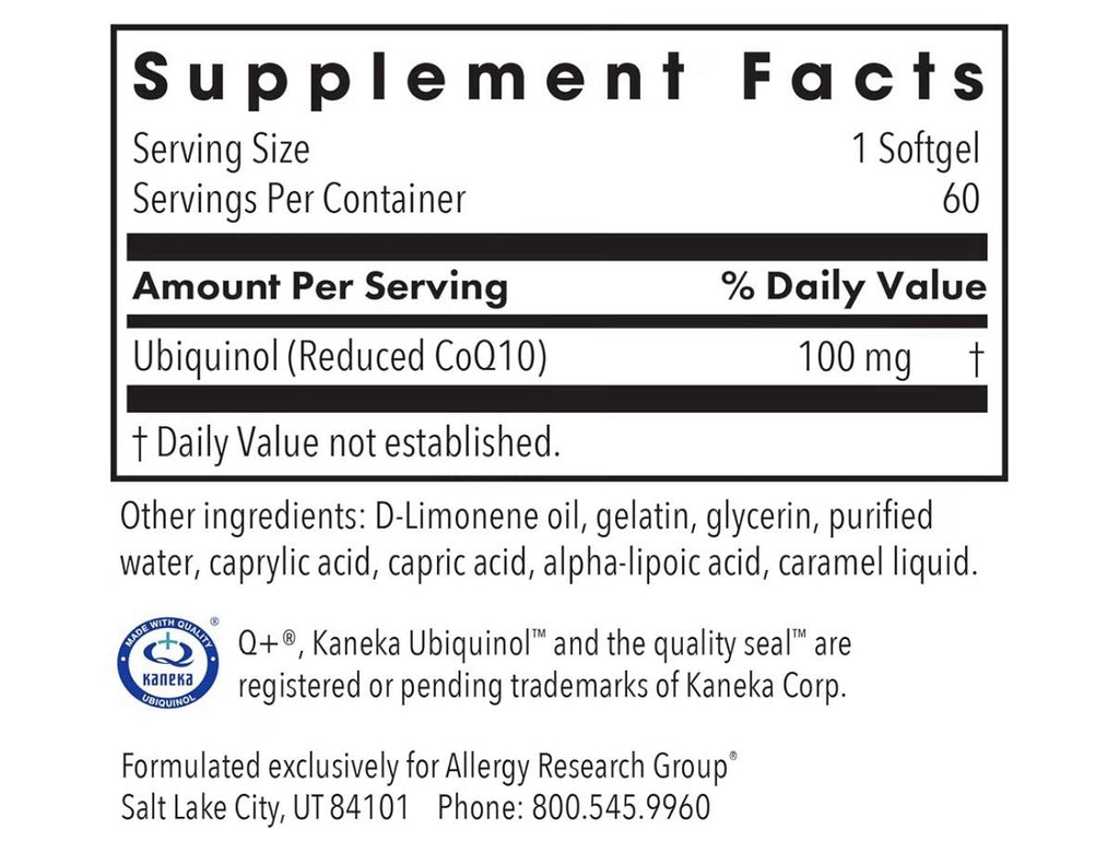 Allergy Research Group CoQ10 Ubiquinol Stable Bioavailable CoQ10 60 Softgels