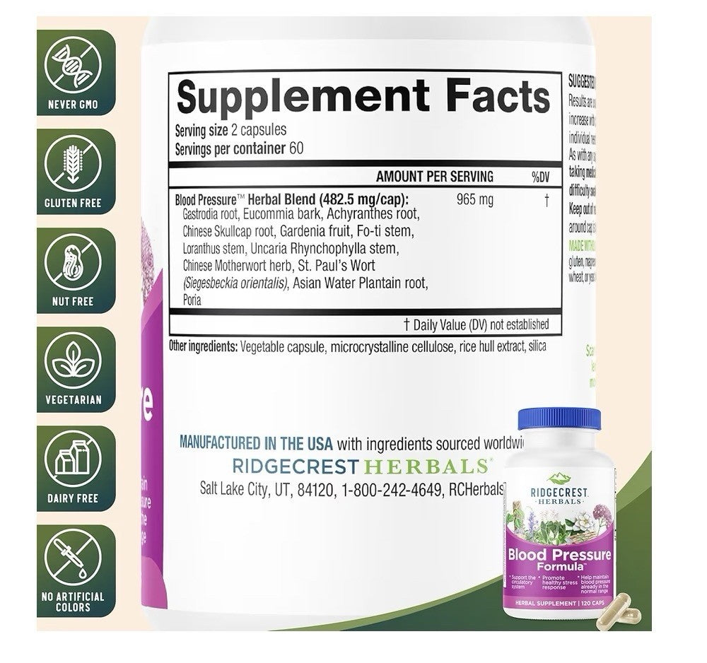 RidgeCrest Herbals Blood Pressure Formula Heart Vascular Circulation Health 120c
