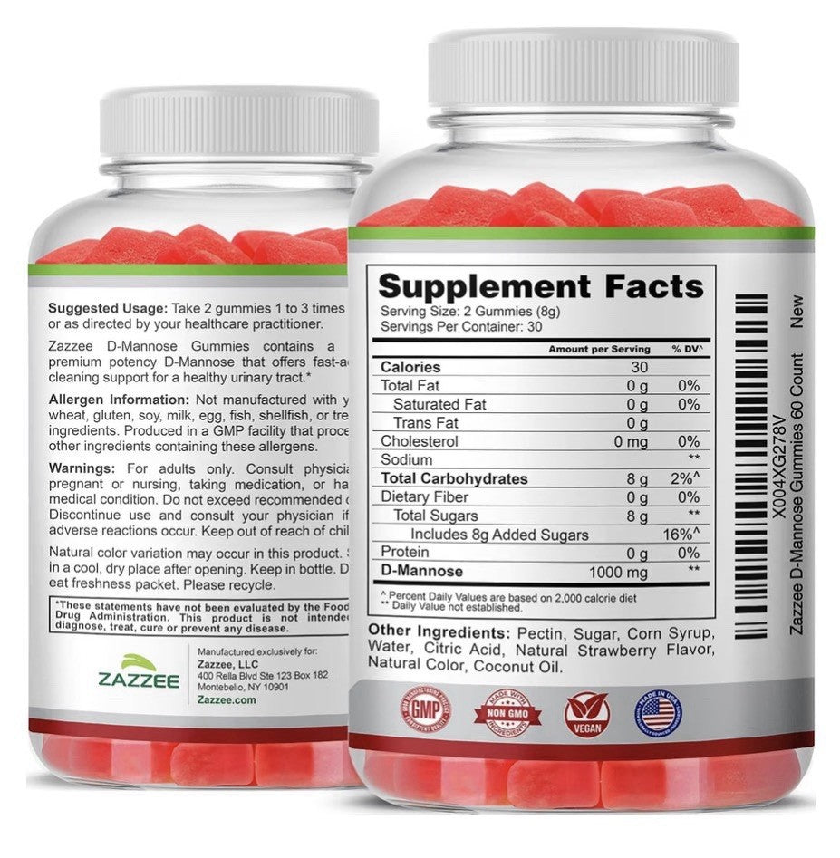 Zazzee D-Mannose Gummies Healthy Urinary Tract Support 60 Gummies