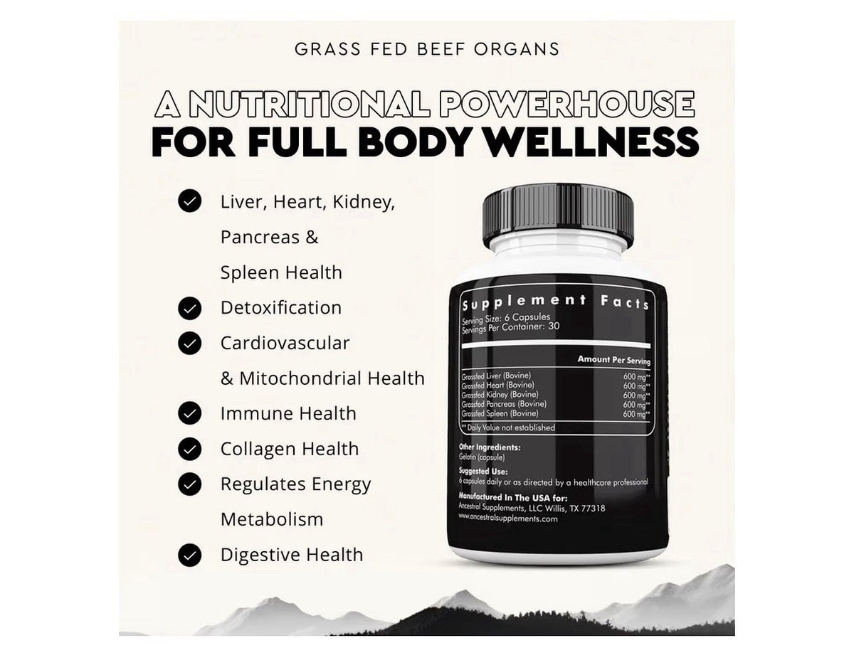 Ancestral Supplements Beef Organs Grass Fed Whole Body Wellness 180 Capsules