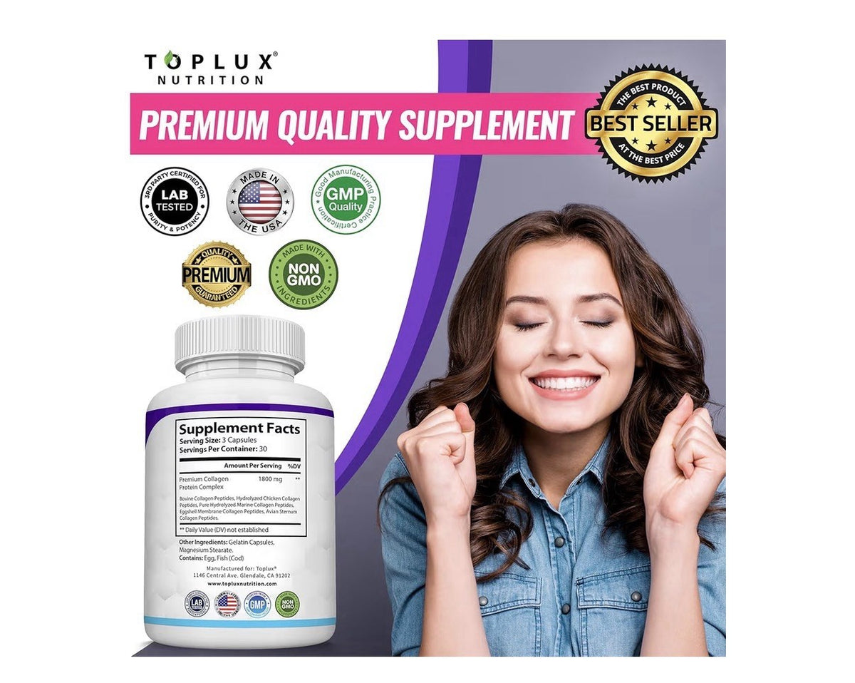2 Pack Toplux Collagen Peptides Type I, II, III, V, X For  Women & Men