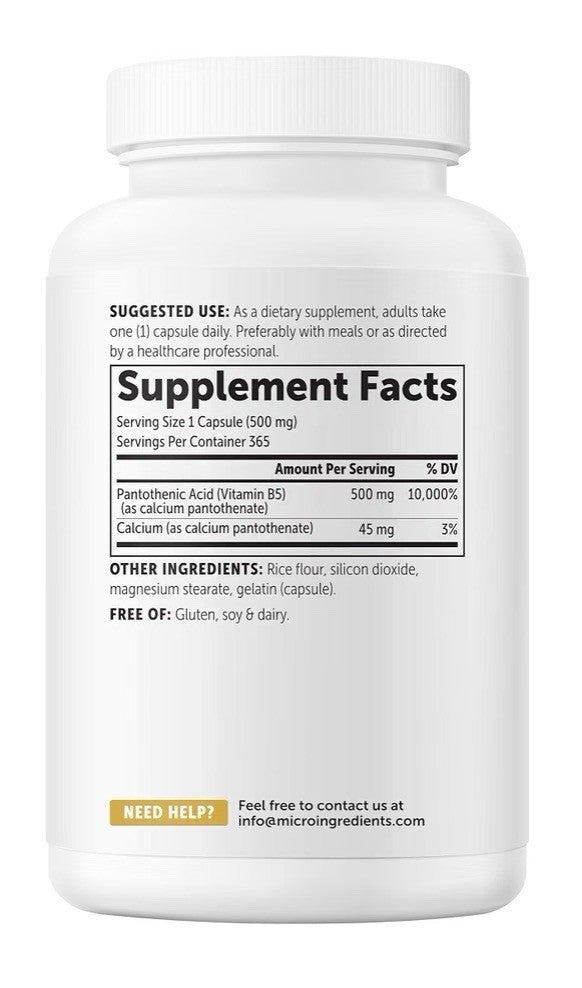 Micro Ingredients Pantothenic Acid Vitamin B5 500 mg Per Serving 365 Capsules