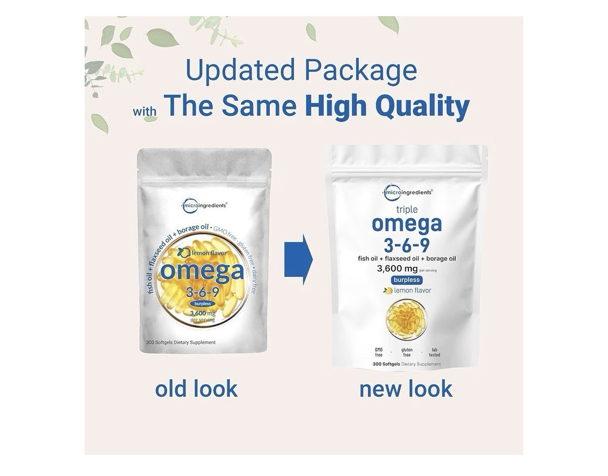 Micro Ingredients Triple Omega 3-6-9 3600mg Per Serving 300 Burpless Softgels
