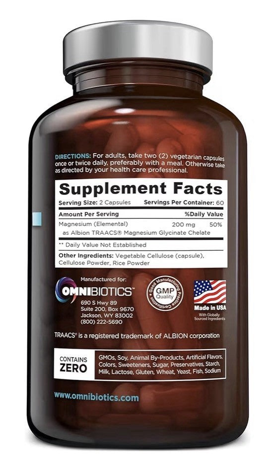 OmniBiotics Magnesium Glycinate Supplement 200mg 100% Chelated Pure 120 Capsules