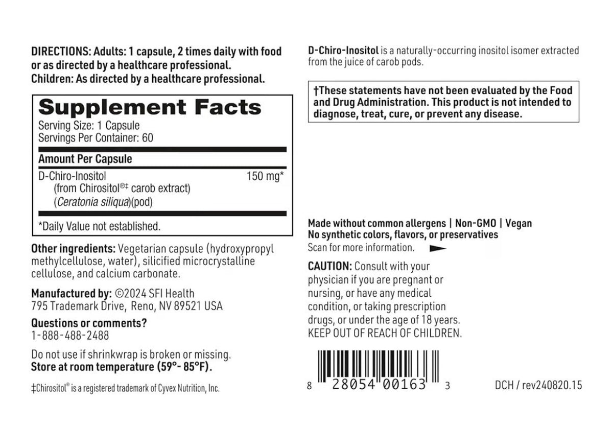 SFI Health D-Chiro-Inositol Blood Sugar Support 150 mg Hypoallergenic 60 Capsule