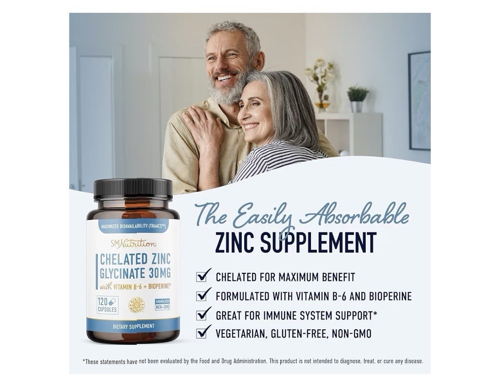 SMNutrition Chelated Zinc Glycinate Vitamin B6 BioPerine Immune Support 120 Caps