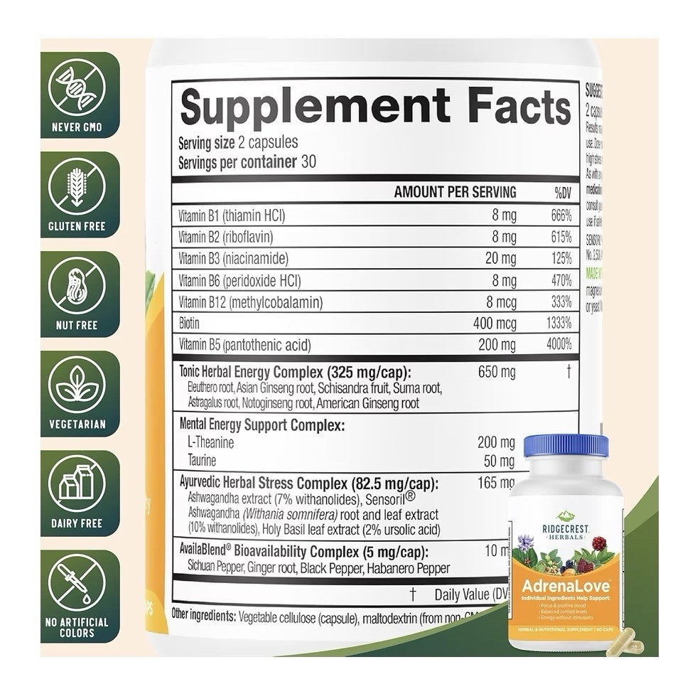 Ridgecrest Herbals AdrenaLove Stress Energy Focus Mood Support Supplement 60caps