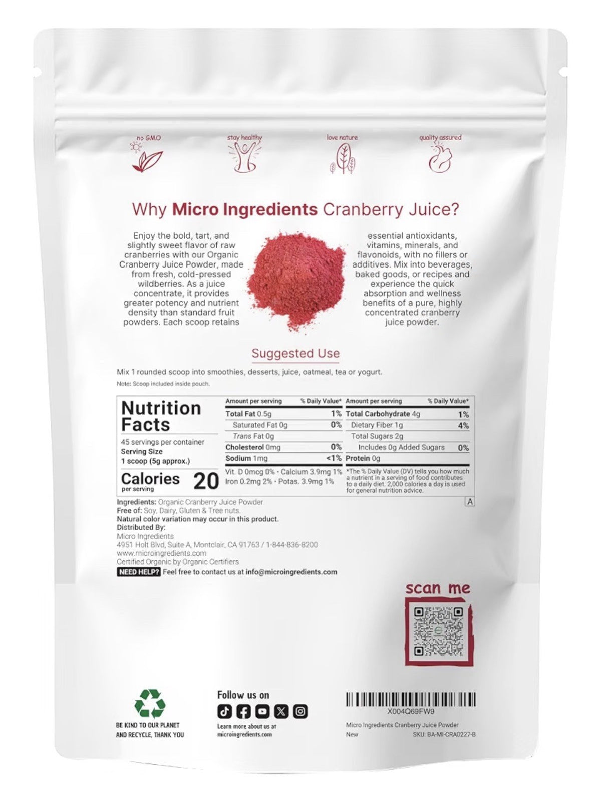 Micro Ingredients Cranberry Juice Powder Organic Natural Vitamin C 8 oz