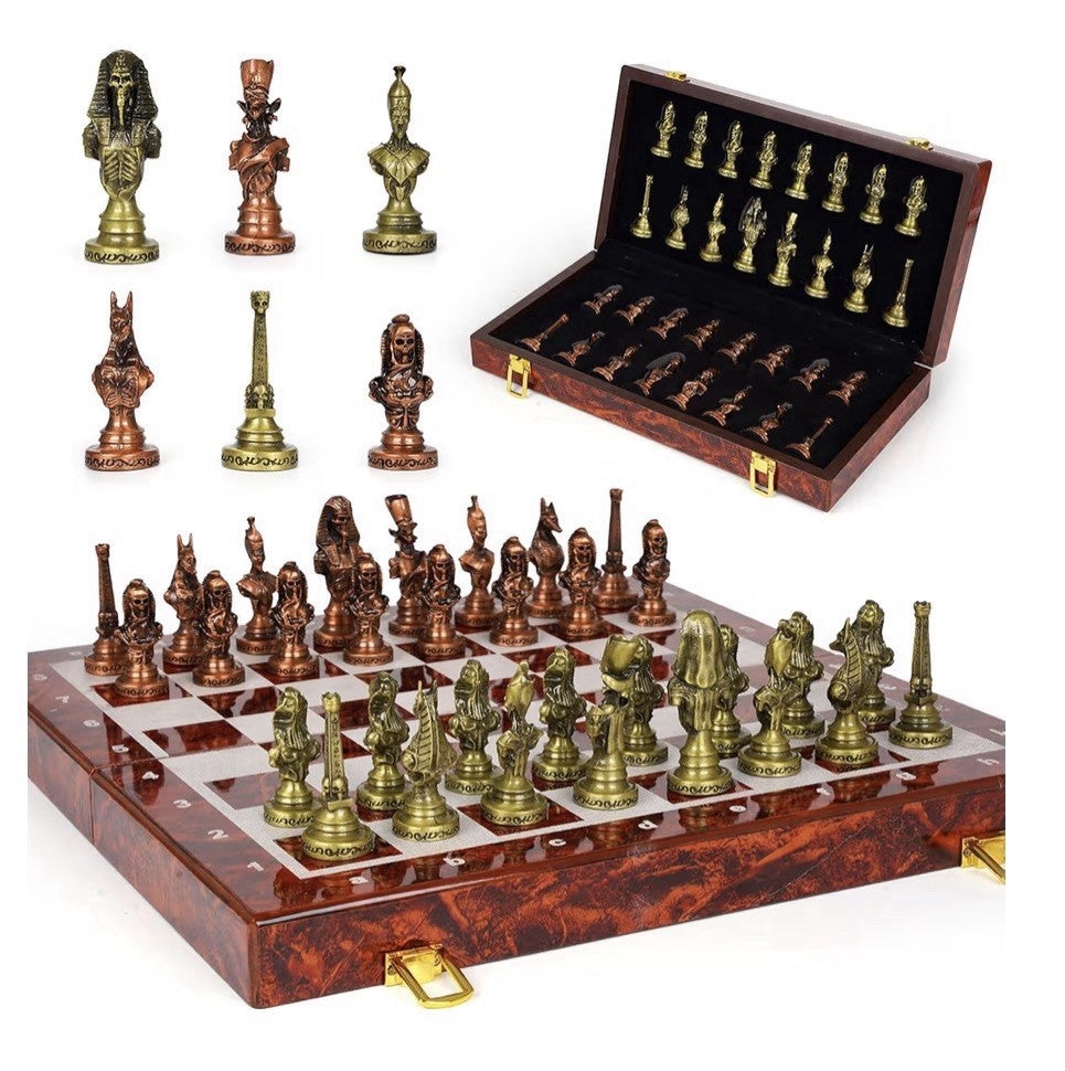 Agirlgle Large Egyptian Metal Chess Set for Adults 15 Inch Foldable Wooden Board