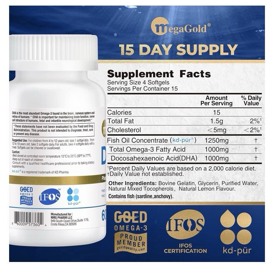 MegaGold DHA 1000 Fish Oil Omega 3 Supplement Brain Visual Function Support 60sg