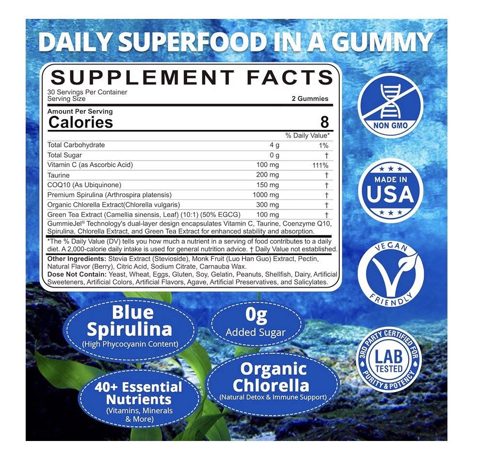 2 Pack Nextdia Blue Spirulina + Chlorella Gummies High Phycocyanin Content