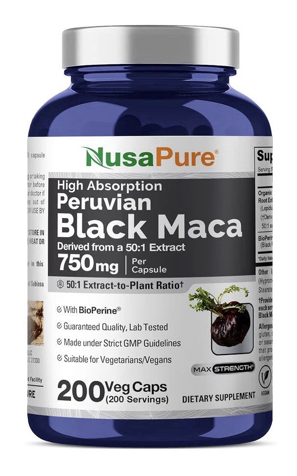 NusaPure Peruvian Black Maca Root 750mg 200 Veg Capsules 200 Servings
