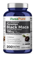 NusaPure Peruvian Black Maca Root 750mg 200 Veg Capsules 200 Servings