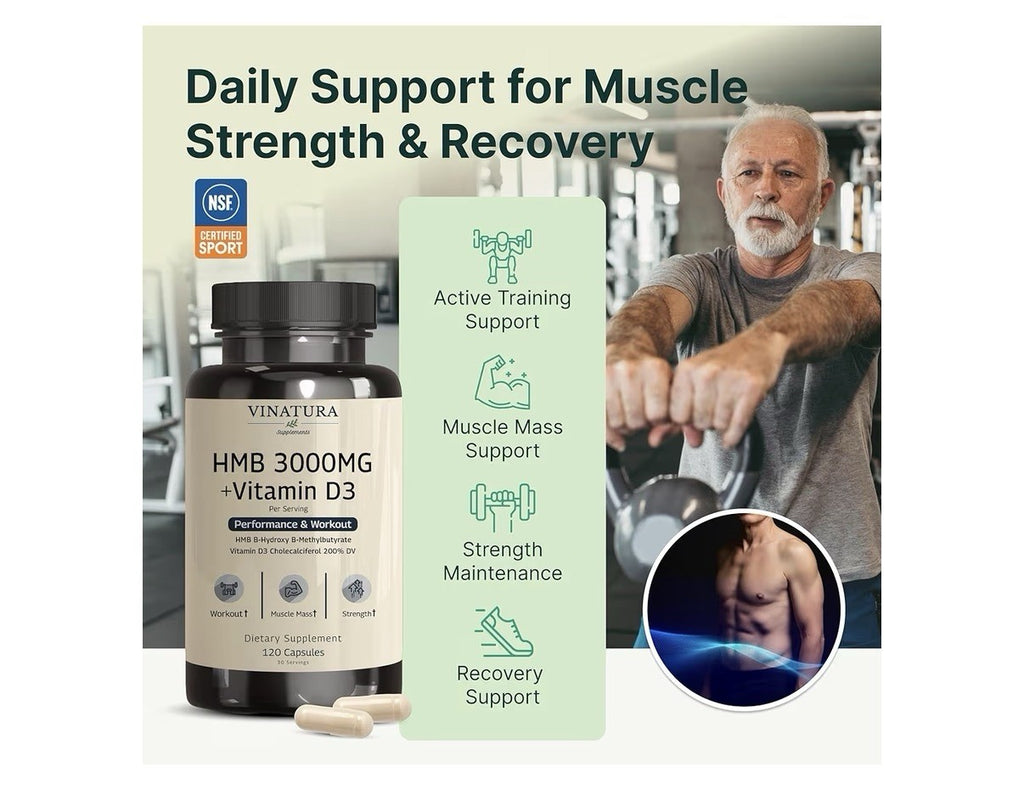 VINATURA HMB 3000mg and Vitamin D3 Supplement Performance Workout 120 Capsules