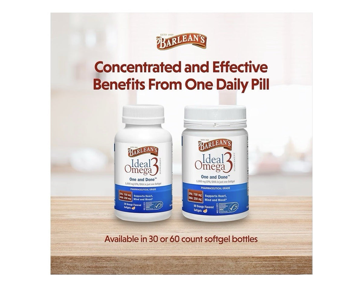 Barlean's Ideal Omega 3 Fish Oil EPA DHA Heart Mind Mood Brain Health 60softgels