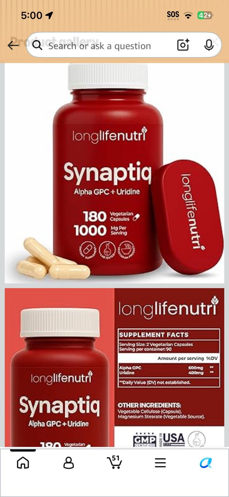 LongLifeNutri Synaptig 1000mg Alpha GPC + Uridine Monophosphate 600mg 180capsule