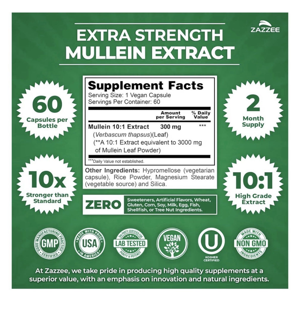 Zazzee Mullein Leaf Support Healthy Respiratory Lung Immune 2Month Supply 60caps