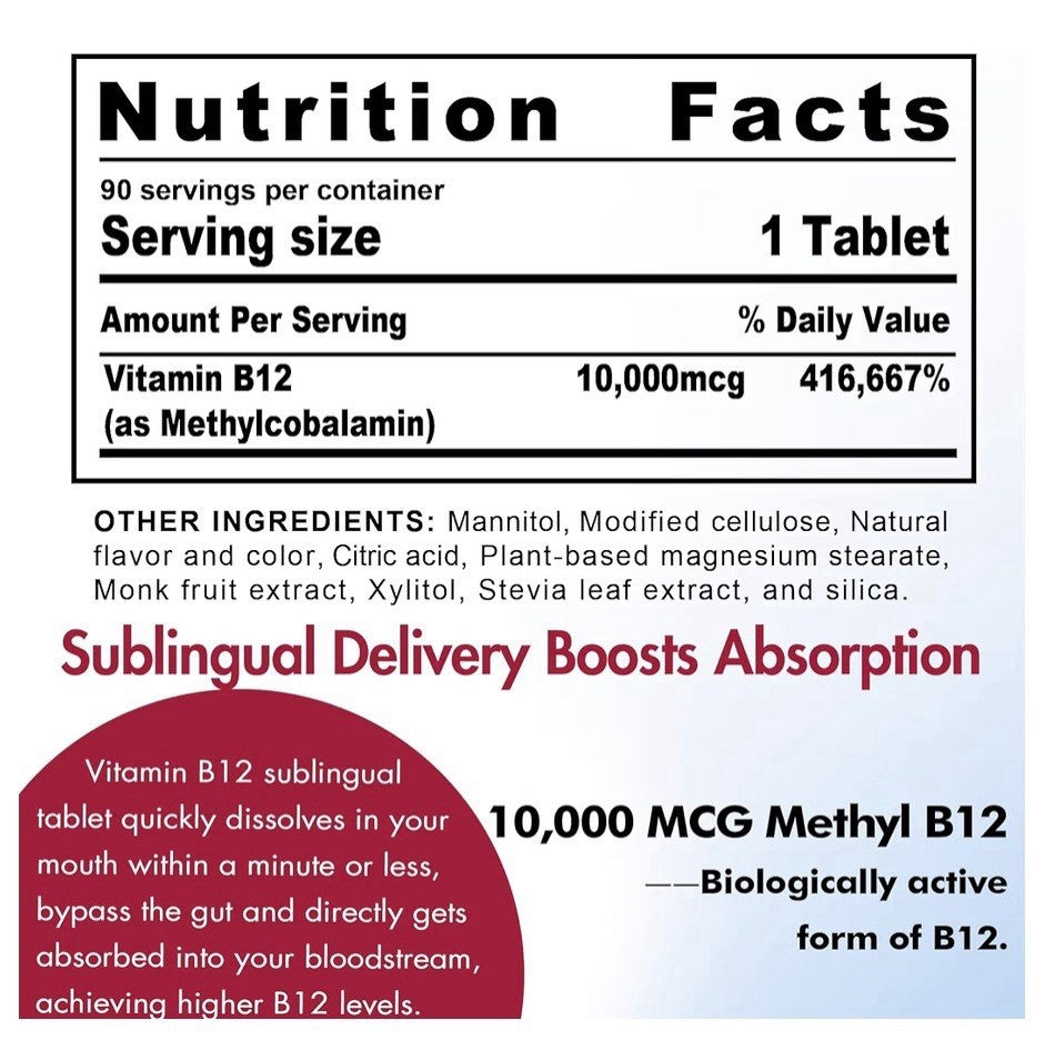 Vitamin B12 Energy Support Brain Function Extra Strength 10000 mcg 90 Tablets