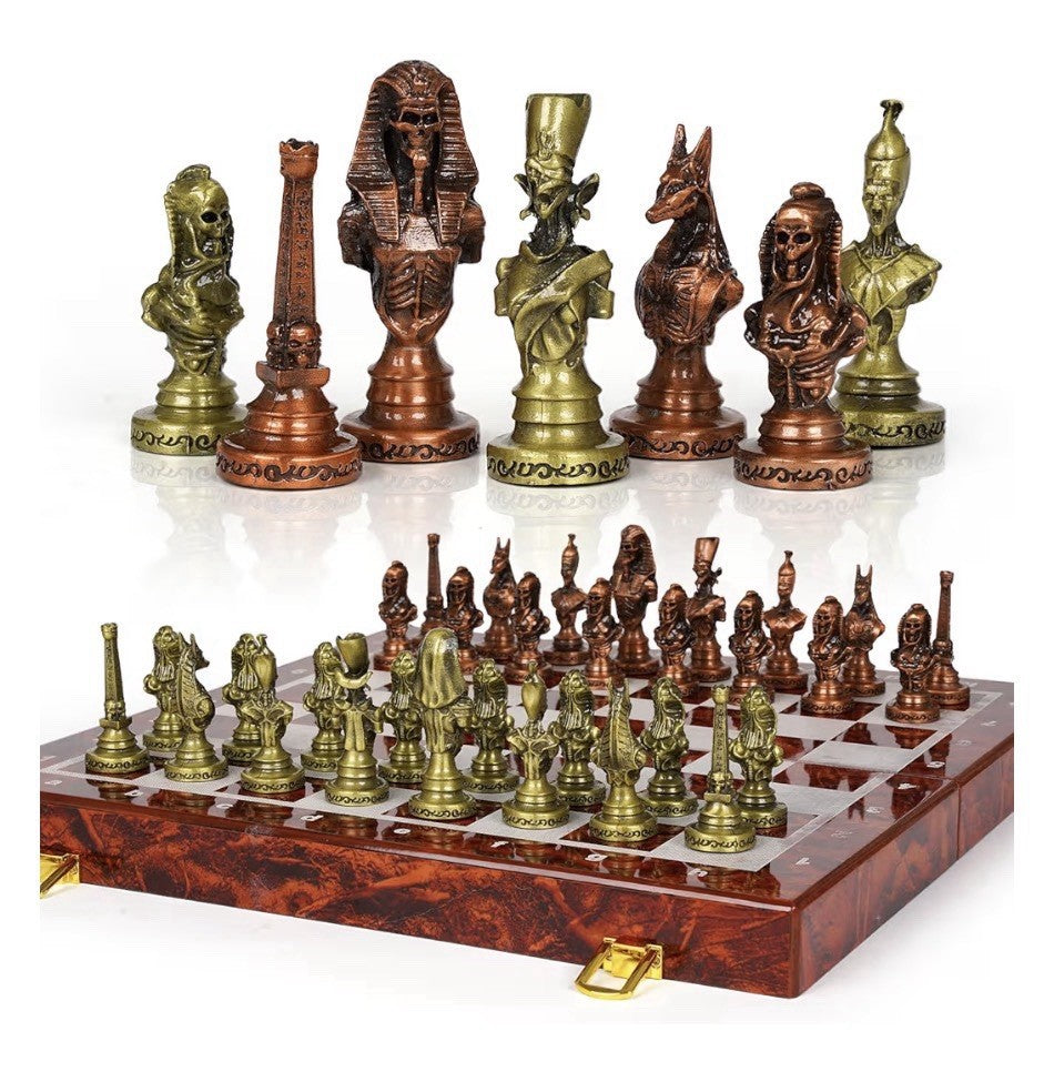 Agirlgle Large Egyptian Metal Chess Set for Adults 15 Inch Foldable Wooden Board