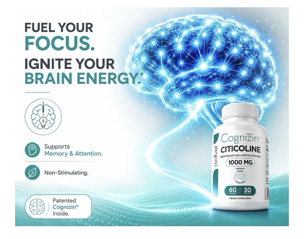 Teaveli Cognizin Citicoline 1000mg CDP Choline Brain Function Support 60Capsules