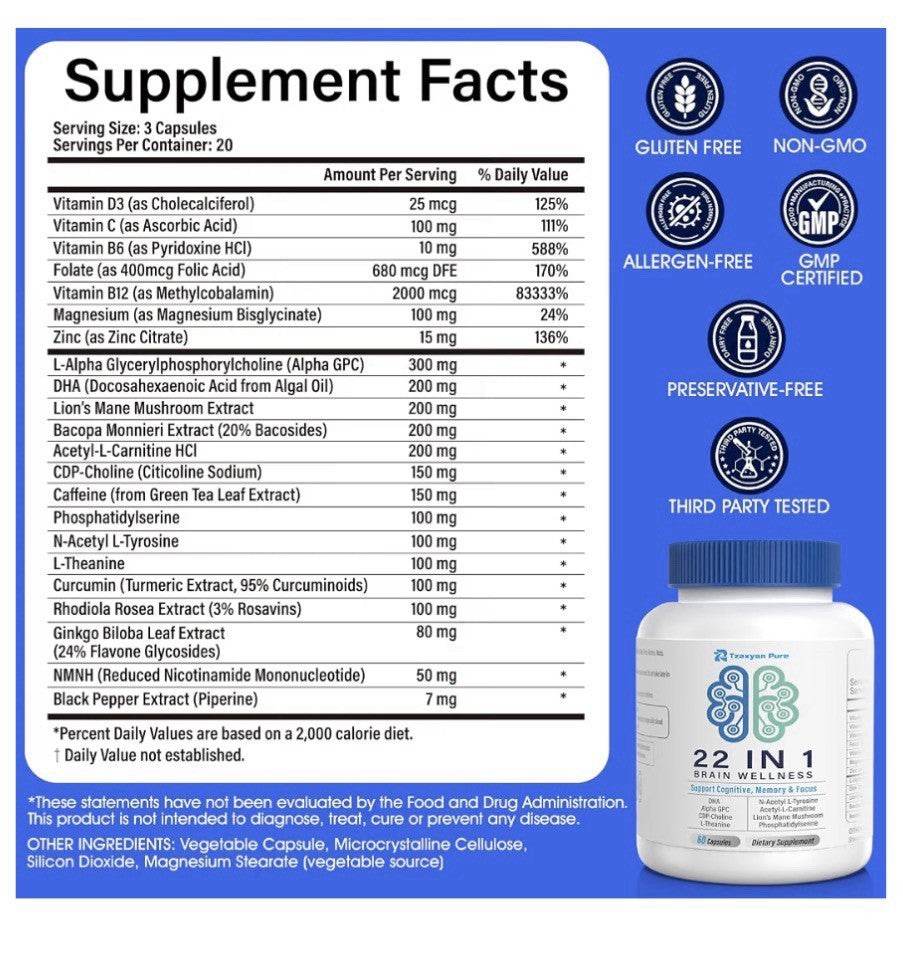 Tzaxyan Pure Brain Wellness for Memory Focus Clarity Cognitive Improvement 60cap