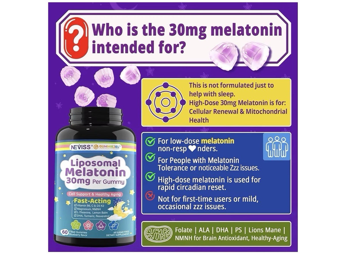NEVISS Liposomal Melatonin 30mg Per Gummy Cell Support Anti Aging 60 Gummies