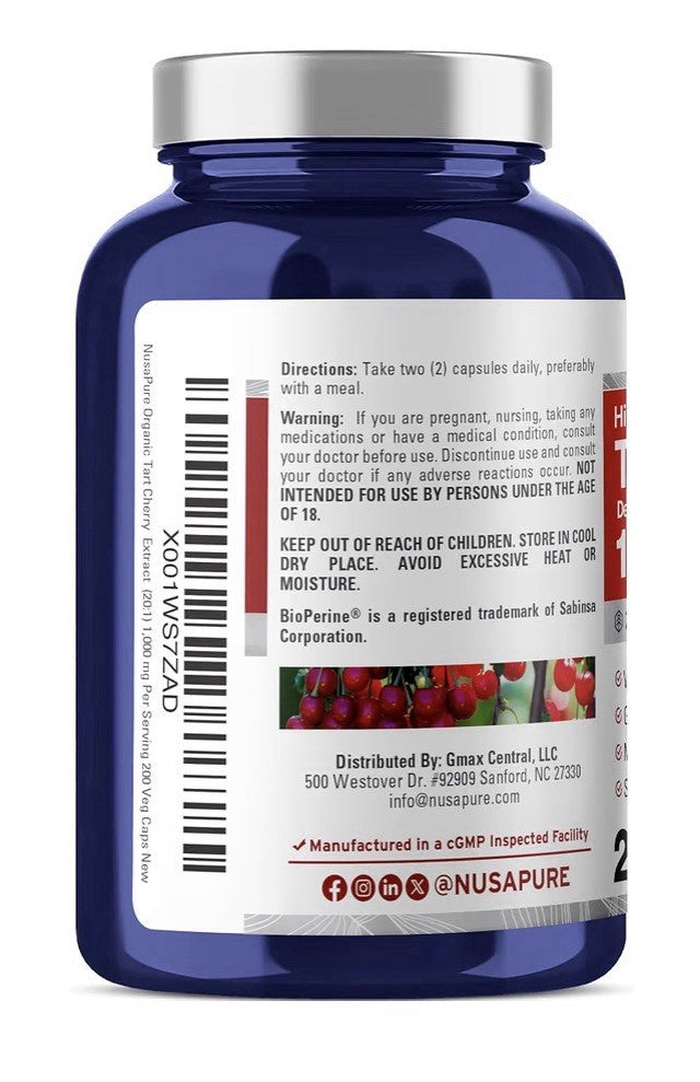 NusaPure Tart Cherry 1000mg Per Serving 200 Veg Capsules 100 Servings