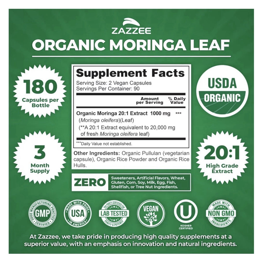 Zazzee Organic Moringa Leaf Antioxidant Rich Source of Phytonutrients 180capsule