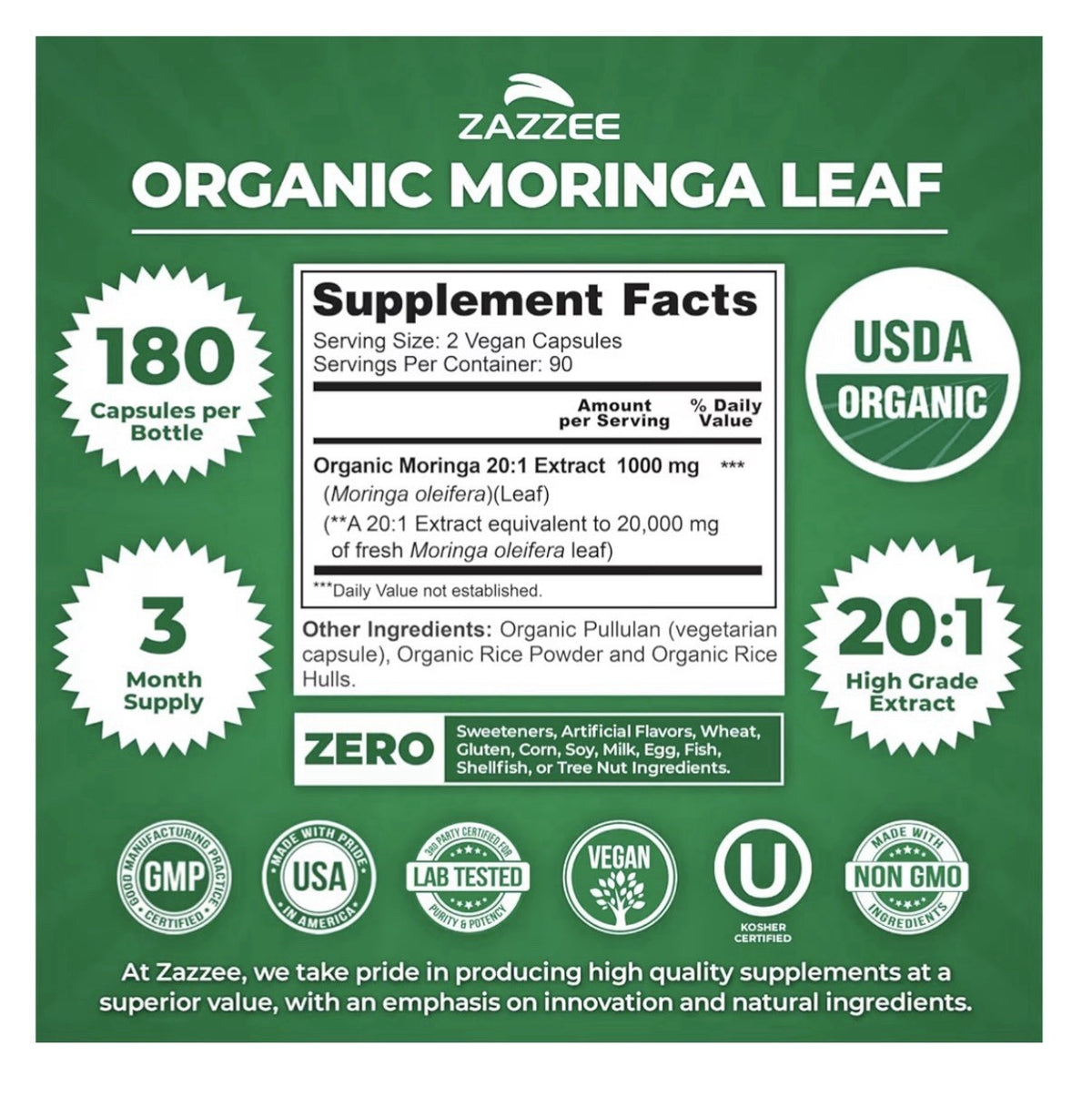 Zazzee Organic Moringa Leaf Antioxidant Rich Source of Phytonutrients 180capsule