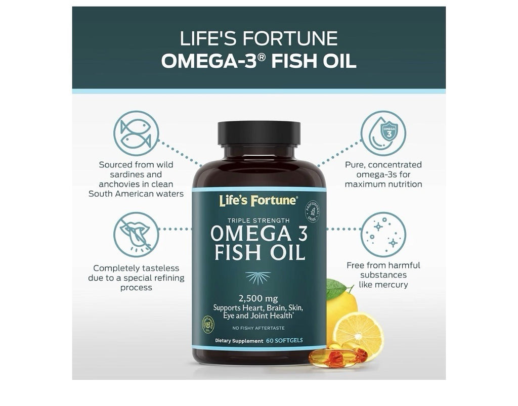 Life's Fortune Omega 3 Fish Oil 2500 mg Heart Brain Skin Eye Joint Health 60sgel