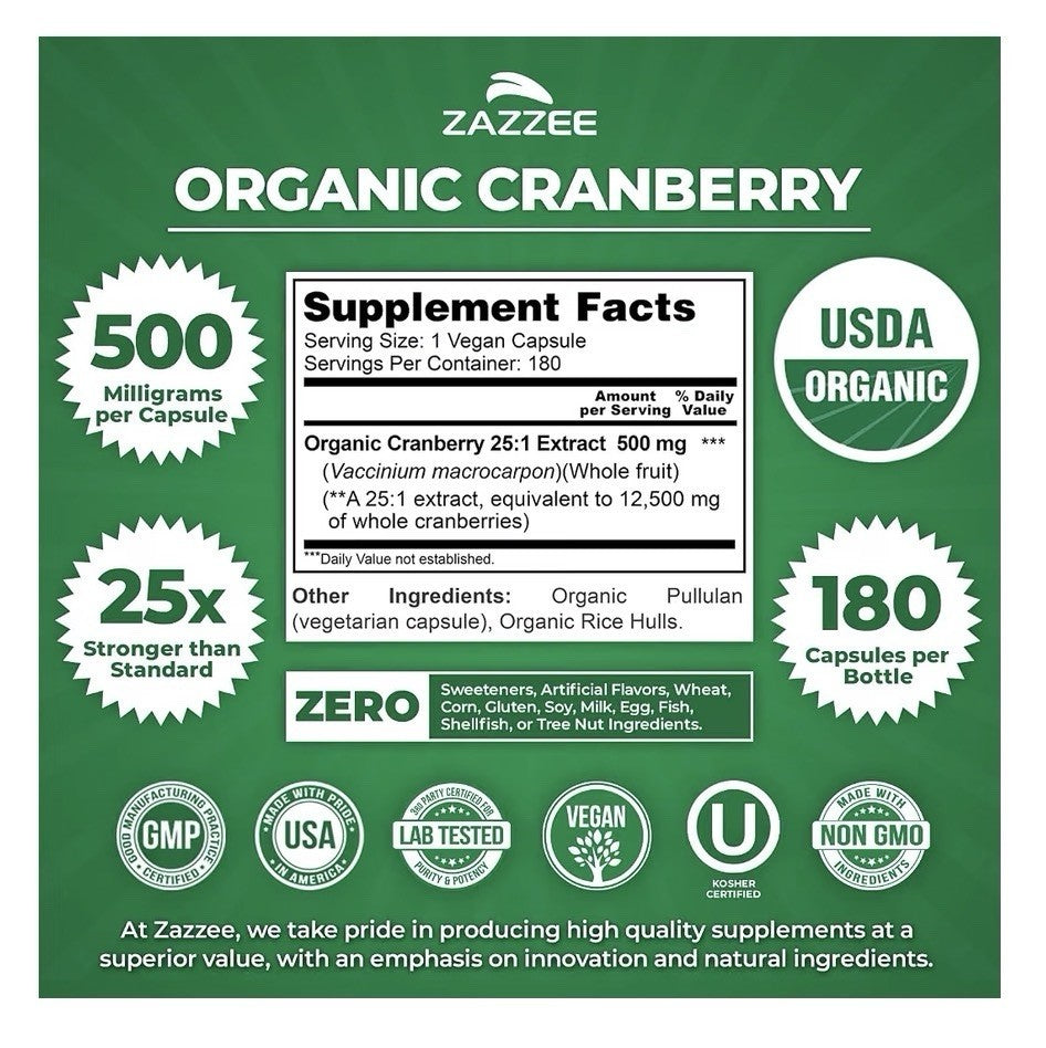 Zazzee Organic Cranberry Healthy Urinary Tracy Support 6 Month Supply 180Capsule