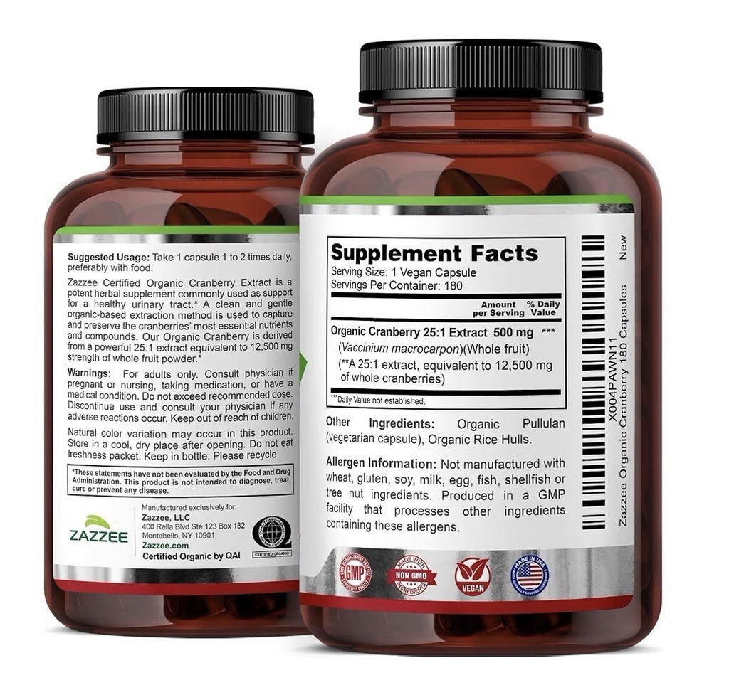 Zazzee Organic Cranberry Healthy Urinary Tracy Support 6 Month Supply 180Capsule