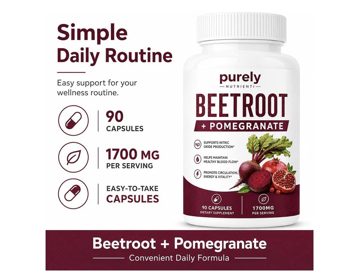 Purely Nutrient Beetroot + Pomegranate Nitric Oxide Production Blood Flow 90caps