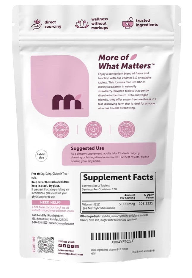 Micro Ingredients Vitamin B12 Methylcobalamin 5,000 mcg 240 Chewable Tablets